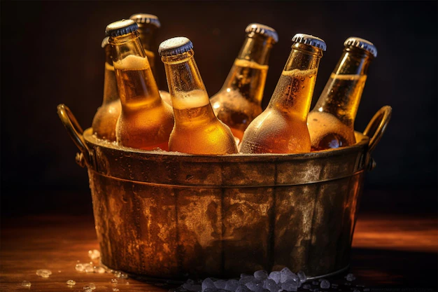 dos-botellas-cerveza-cubo-hielo-vaso-cerveza-espuma-exuberante_540381-2081